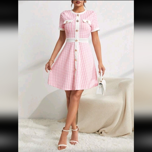 Pink Houndstooth Button-Front Dress - Picture 3 of 6